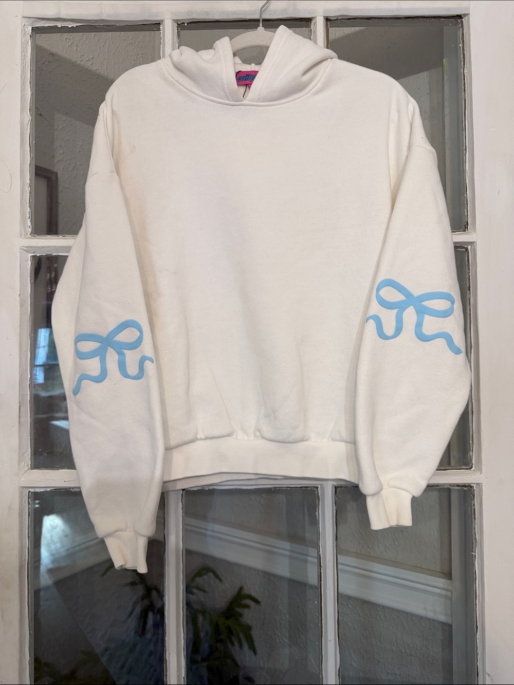 Edikted White Hoodie Sweater with Sky Blue Bow Sleeve Detail